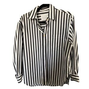Maria McManus Organic Cotton Shirt Blouse S Black Striped Preppy Office Classic
